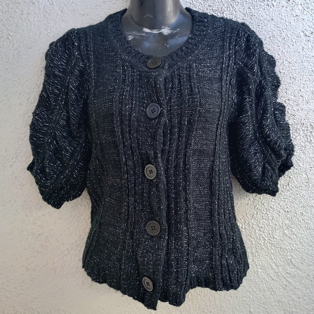 Candie's Black Metallic Bubble Sleeve Ribbed Cardigan Knit Sweater Retro Medium